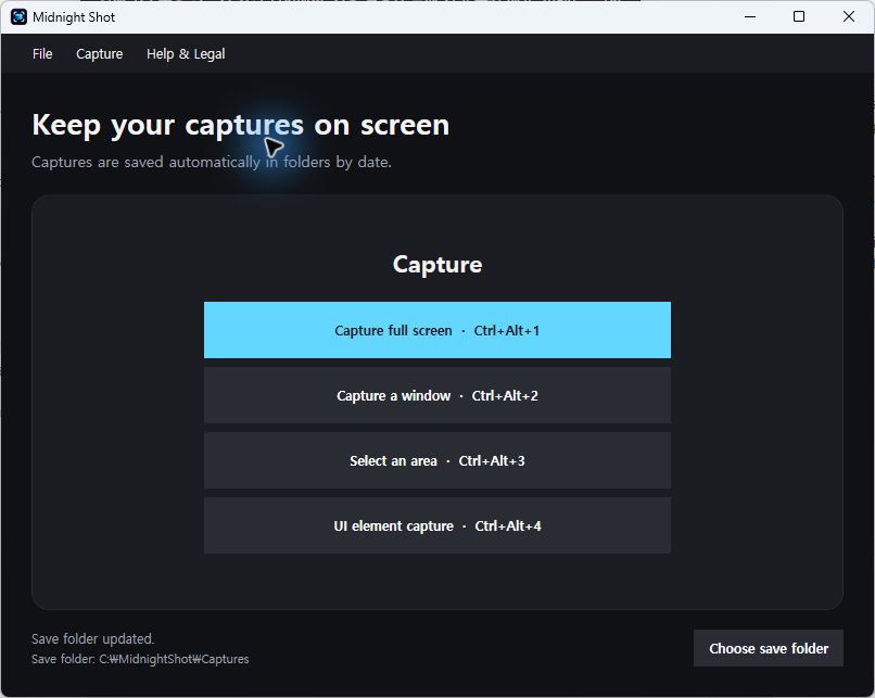 Midnight Shot for Windows with screen, window, area and UI element capture choices