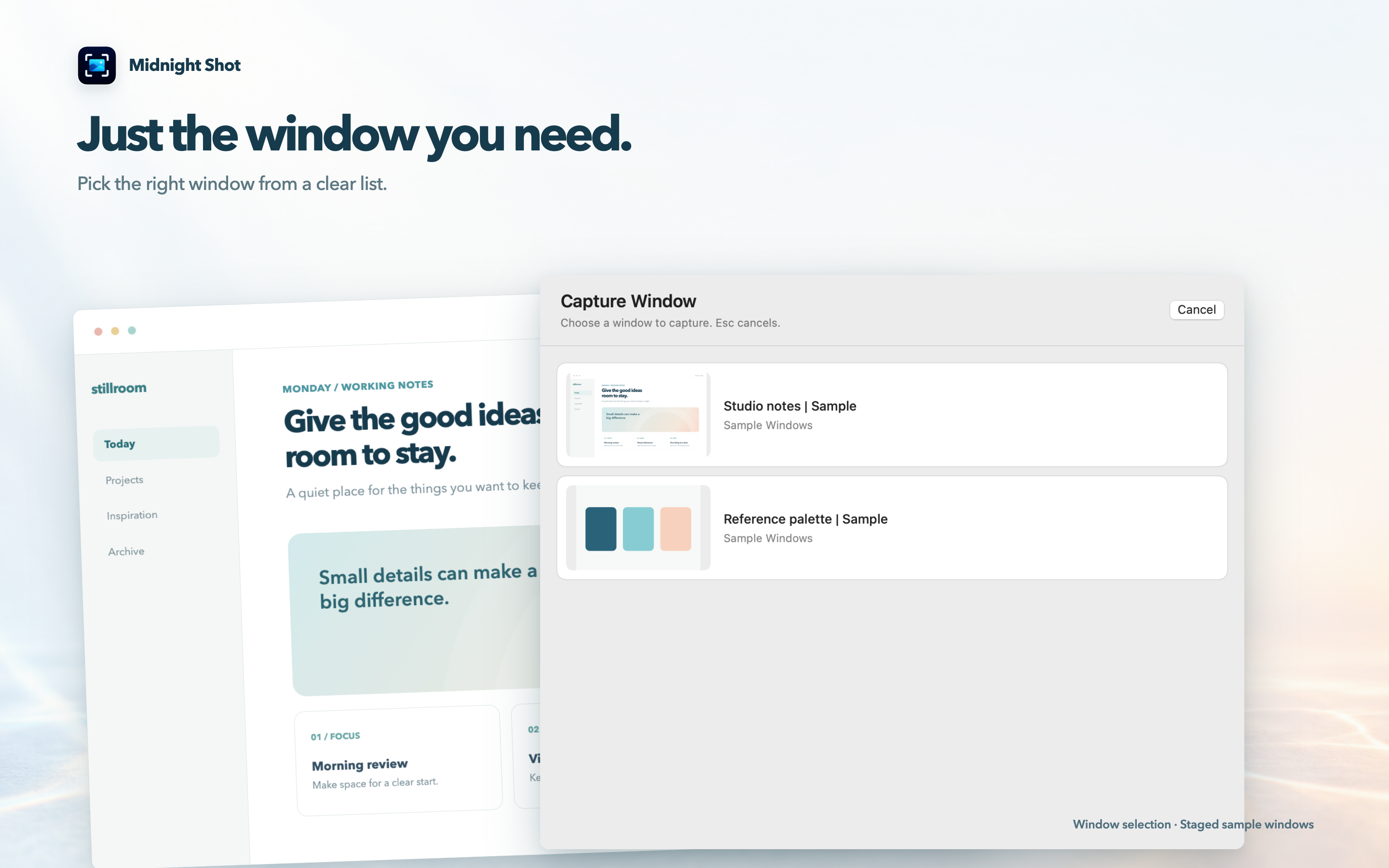 Midnight Shot window selection with preview thumbnails