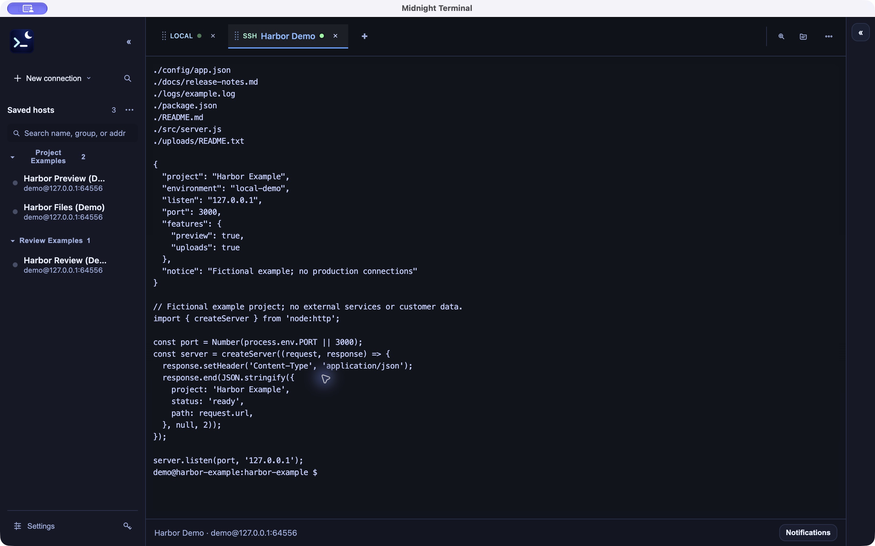 Local and SSH session tabs in Midnight Terminal