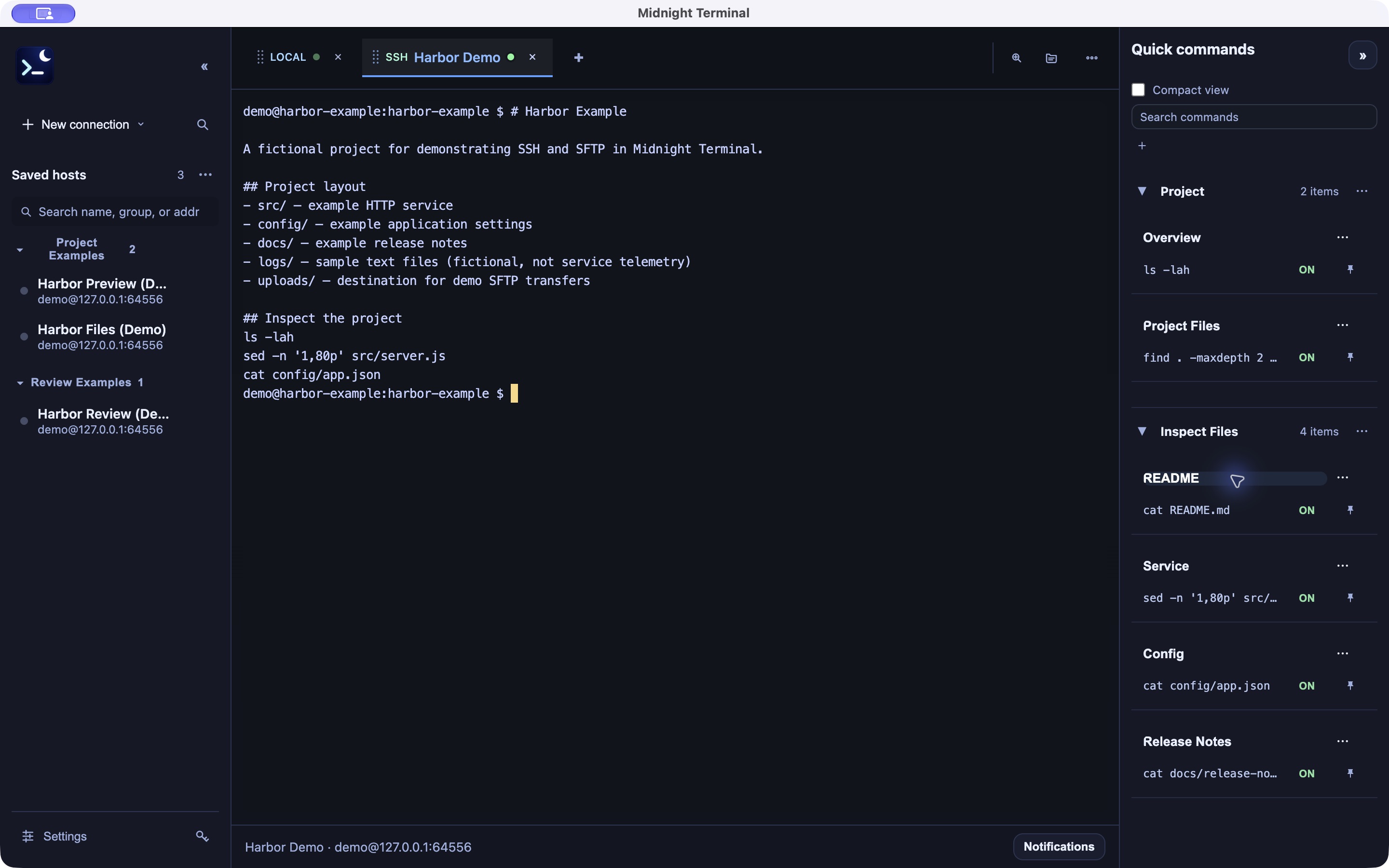 Quick commands panel in Midnight Terminal