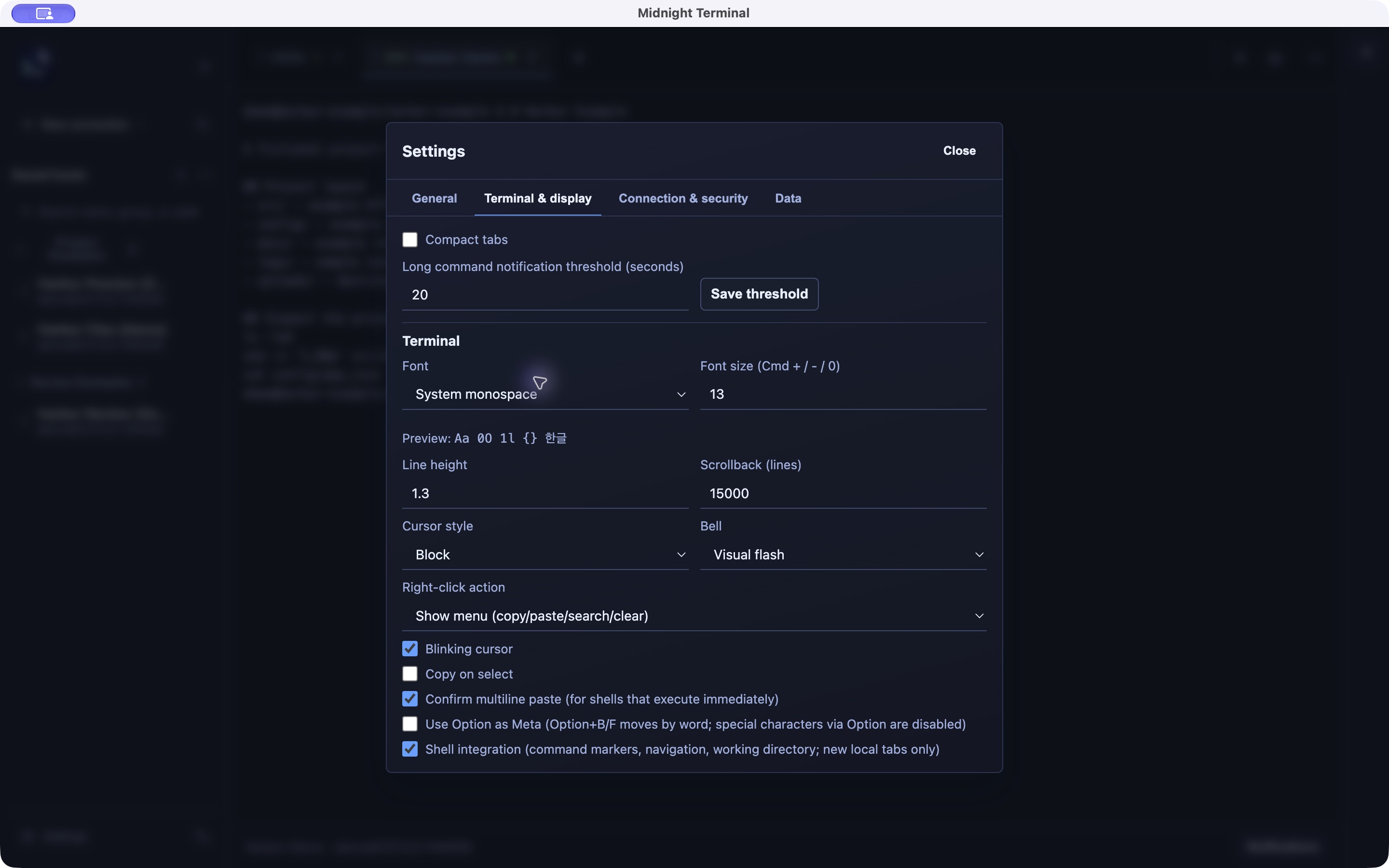Font, cursor, and terminal settings in Midnight Terminal
