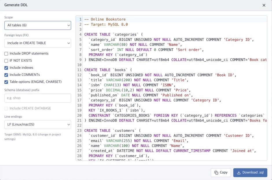 MySQL 8.0을 대상으로 CREATE TABLE SQL을 생성한 예시